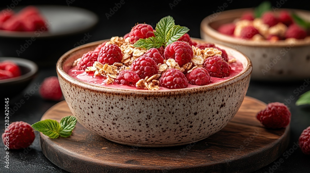 Raspberry smoothie bowl with granola topping, dark background, healthy breakfast Raspberry smoothie bowl with granola topping, dark background, healthy breakfast