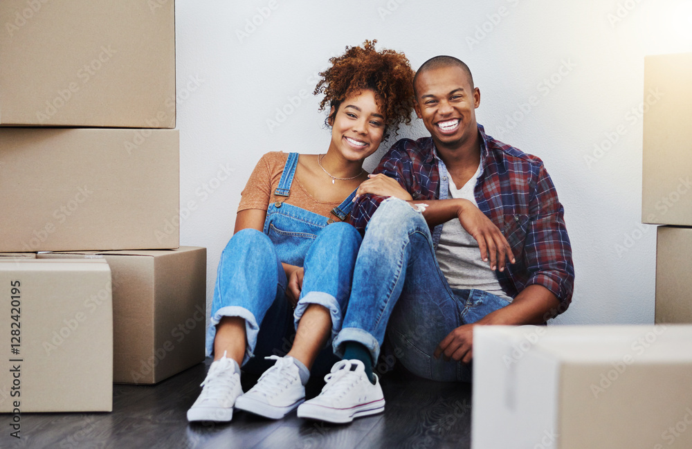 New house, happy and portrait of couple with boxes moving to property, rental apartment and home. Homeowner, real estate and African man and woman relax on floor for packing, purchase and relocation New house, happy and portrait of couple with boxes moving to property, rental apartment and home. Homeowner, real estate and African man and woman relax on floor for packing, purchase and relocation