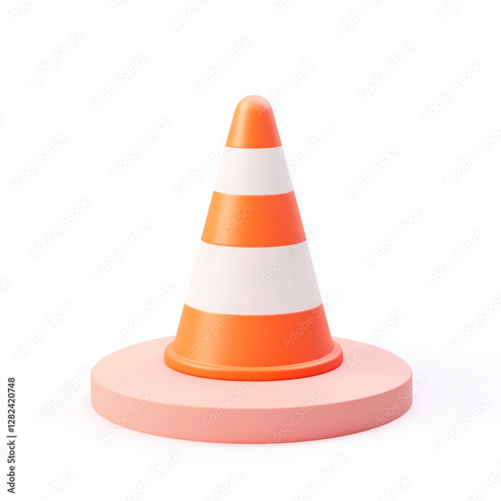 An orange and white traffic cone with alternating stripes, placed on a white base. It is a common safety device used to redirect traffic or mark hazardous areas. An orange and white traffic cone with alternating stripes, placed on a white base. It is a common safety device used to redirect traffic or mark hazardous areas.