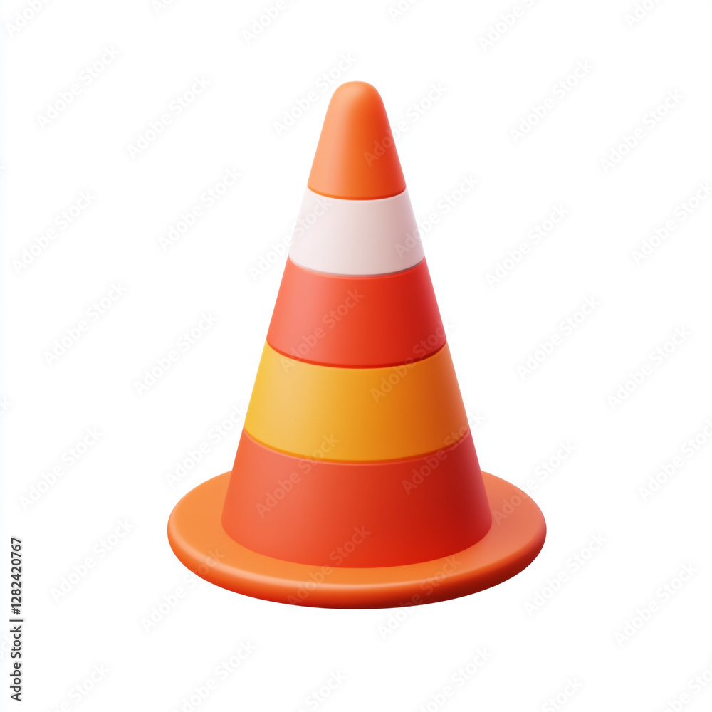 An orange and white traffic cone with alternating stripes, placed on a white base. It is a common safety device used to redirect traffic or mark hazardous areas. An orange and white traffic cone with alternating stripes, placed on a white base. It is a common safety device used to redirect traffic or mark hazardous areas.
