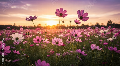 Vibrant field of flowers under a serene sunset.