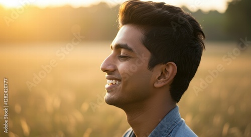 Man smiles peacefully in a sunlit field during sunset.