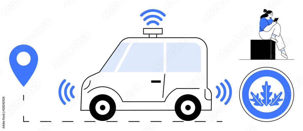 Self-driving electric car using GPS navigation, wireless signals, eco-friendly symbol, person on mobile. Ideal for technology, environment, innovation, transport, connectivity sustainability