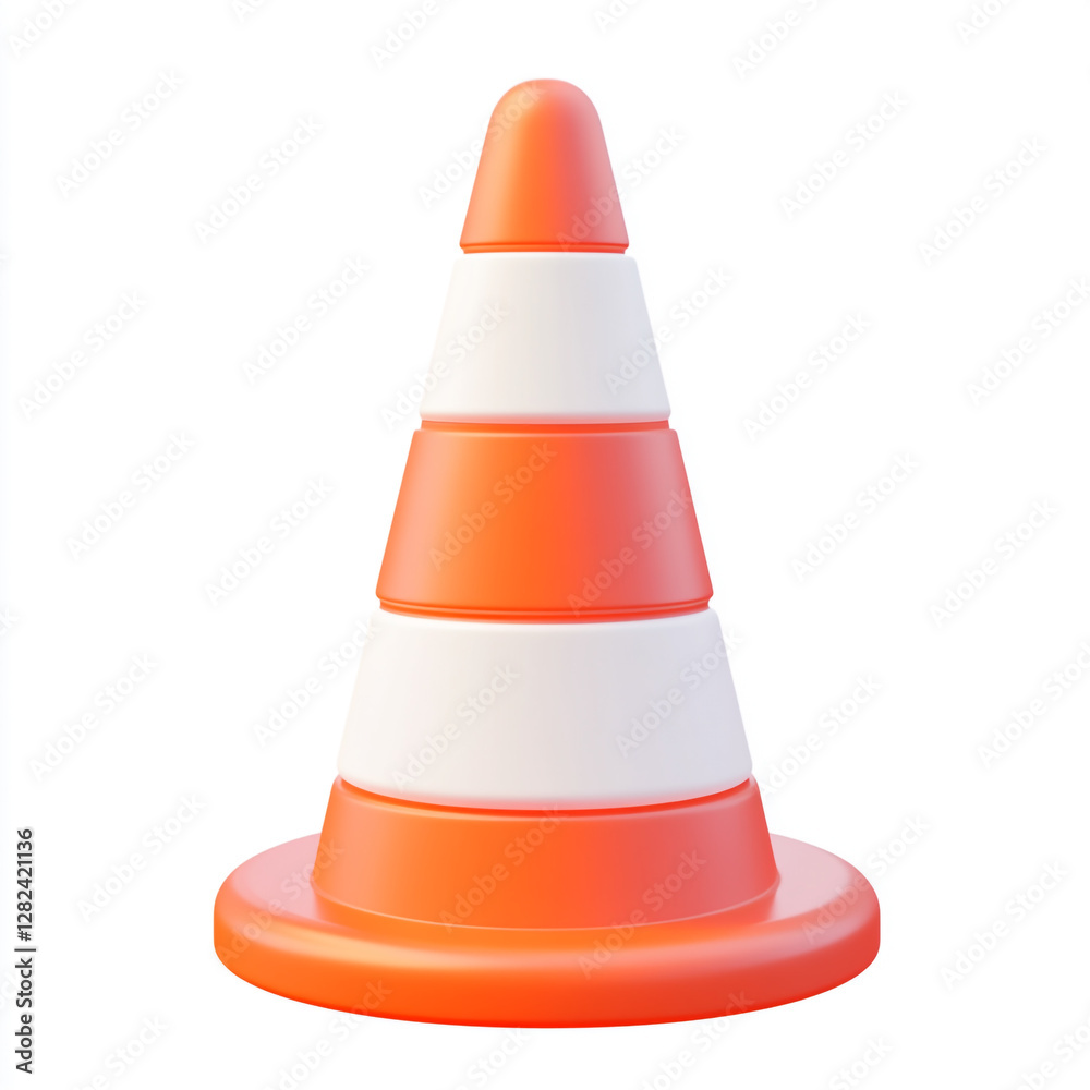 An orange and white traffic cone with alternating stripes, placed on a white base. It is a common safety device used to redirect traffic or mark hazardous areas. An orange and white traffic cone with alternating stripes, placed on a white base. It is a common safety device used to redirect traffic or mark hazardous areas.