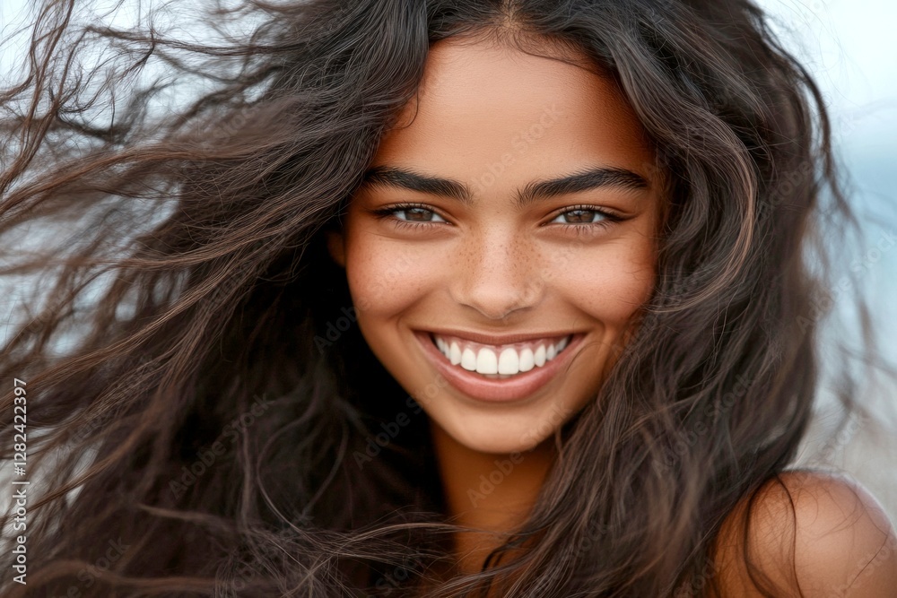 Gorgeous smiling mixed-race girl - for ads, media and internet marketing use. Long hairdo - beach waves hair. Commercial promotion conceptual art. Colored hair beauty trends. Long colored art. Gorgeous smiling mixed-race girl - for ads, media and internet marketing use. Long hairdo - beach waves hair. Commercial promotion conceptual art. Colored hair beauty trends. Long colored art.