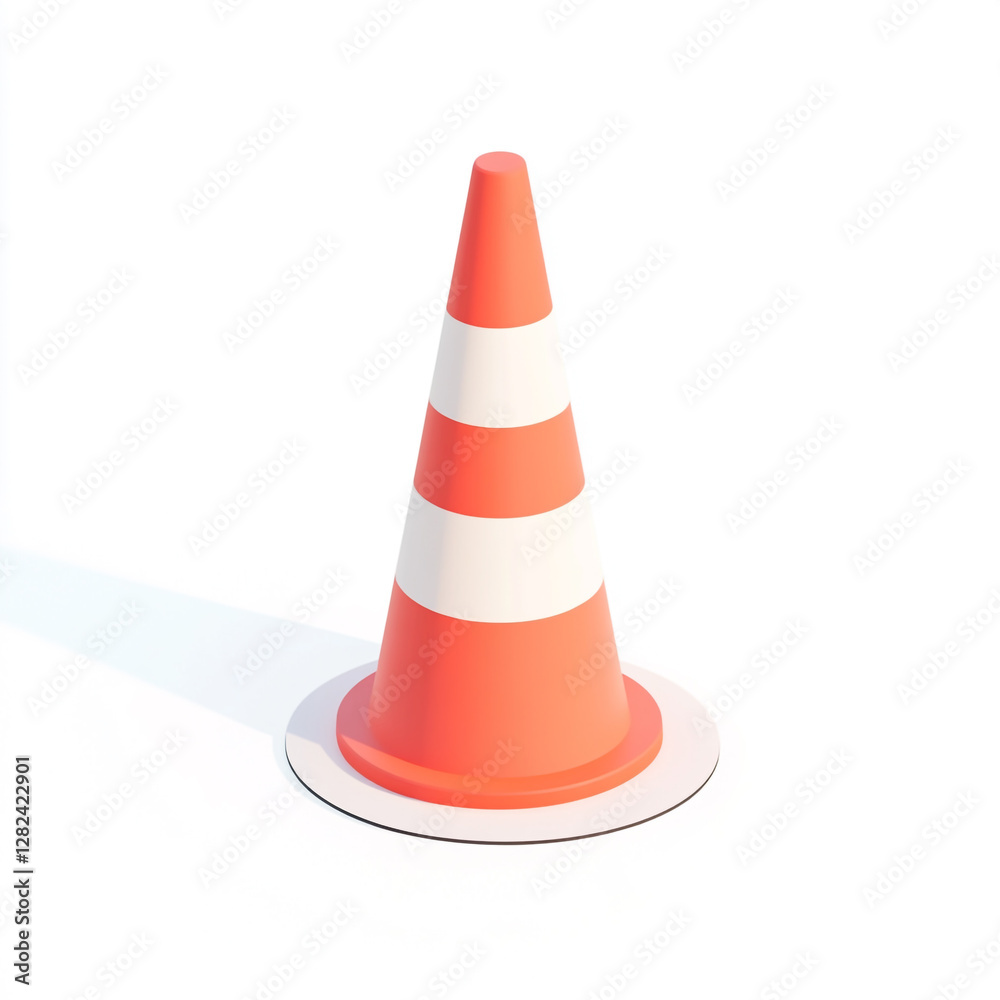 An orange and white traffic cone with alternating stripes, placed on a white base. It is a common safety device used to redirect traffic or mark hazardous areas. An orange and white traffic cone with alternating stripes, placed on a white base. It is a common safety device used to redirect traffic or mark hazardous areas.