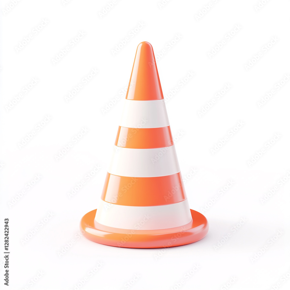 An orange and white traffic cone with alternating stripes, placed on a white base. It is a common safety device used to redirect traffic or mark hazardous areas. An orange and white traffic cone with alternating stripes, placed on a white base. It is a common safety device used to redirect traffic or mark hazardous areas.