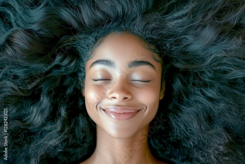 Commercial marketing artwork. Long haircut - beach waves hair. Pretty smiling black girl - for ads, flyer and social networks use. Afro-american portrait glamour. Long hair woman. photo