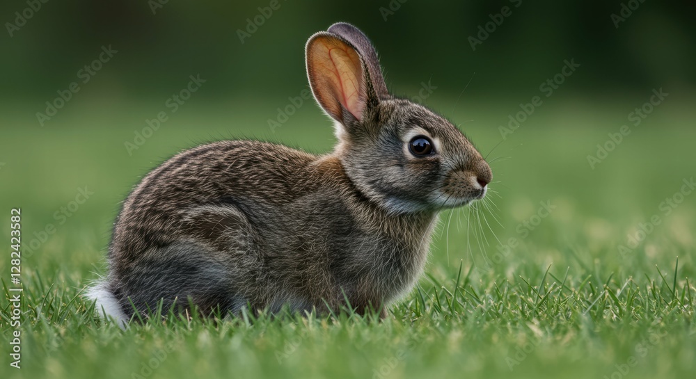 Fototapeta premium Close-up of a rabbit sitting in lush green grass.