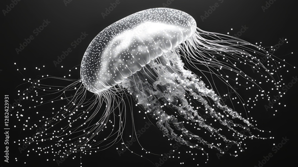 Abstract jellyfish on dark background; digital art; marine life; graphic design; illustrative; scientific illustration