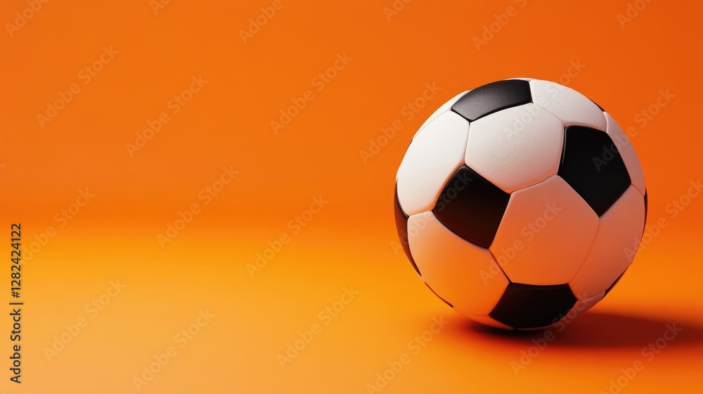 Fototapeta premium Soccer ball resting in the center of an orange background, dynamic lighting, and smooth composition.