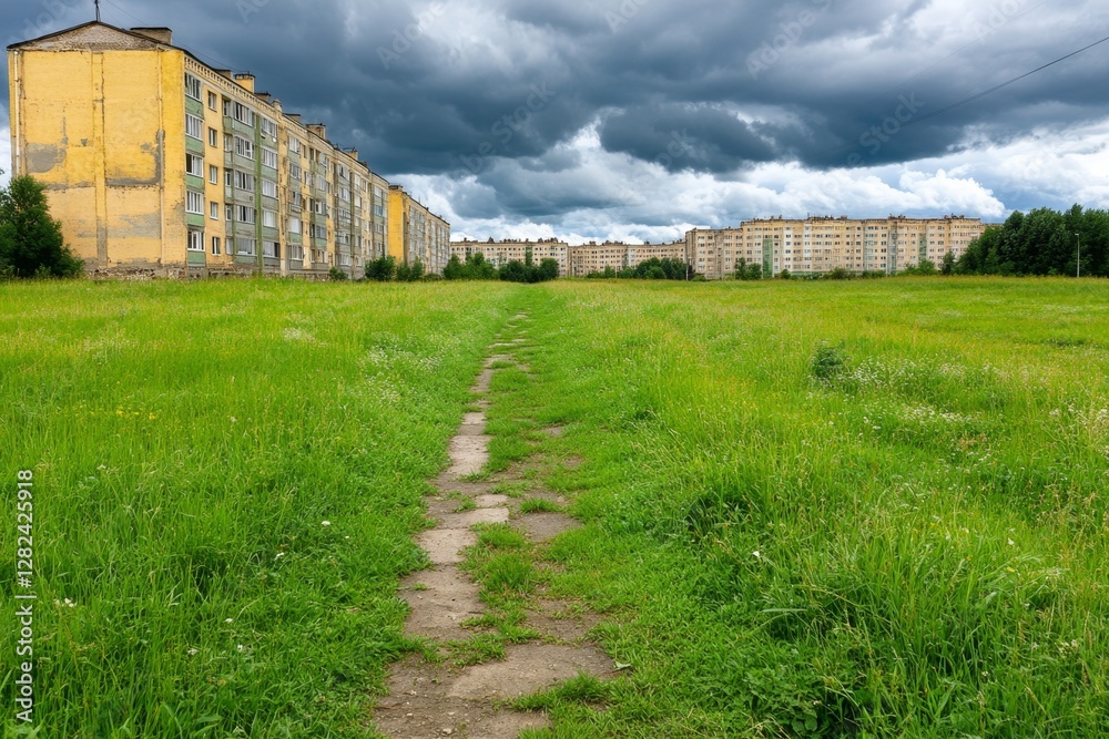 Large abandoned Soviet-era apartment building with cloudy sky in the background, symbolizing urban decay and post-Soviet architecture Large abandoned Soviet-era apartment building with cloudy sky in the background, symbolizing urban decay and post-Soviet architecture