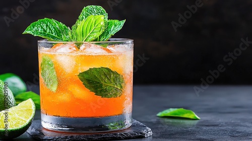 Refreshing orange cocktail garnished with mint, on dark surface.  Possible use stock photo for beverage, drinks, or cocktails photo