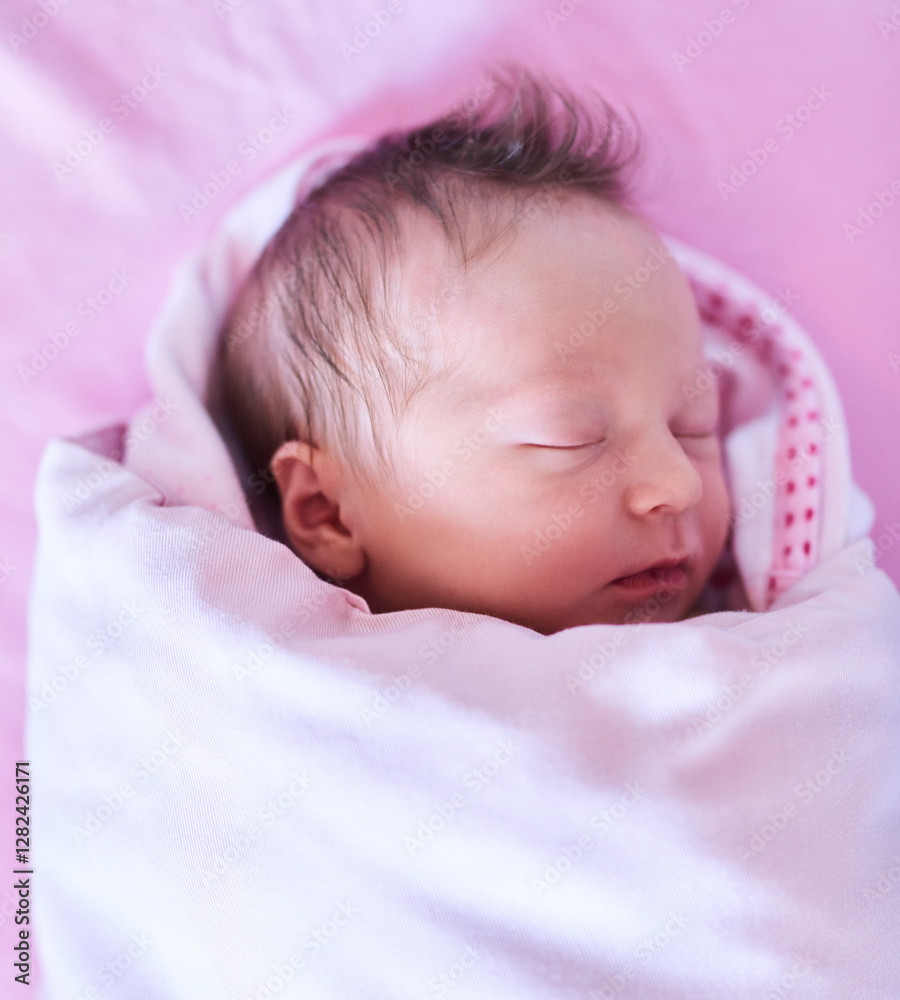Newborn, baby and sleeping with blanket on bed for healthy development, dreaming and comfortable. Above, infant and resting in maternity hospital with eyes closed, nap time and wellness for growth Newborn, baby and sleeping with blanket on bed for healthy development, dreaming and comfortable. Above, infant and resting in maternity hospital with eyes closed, nap time and wellness for growth