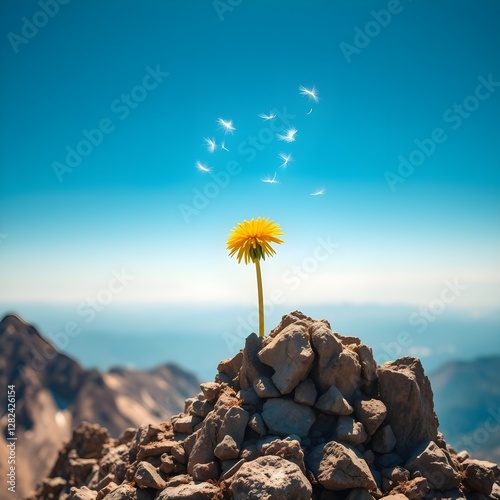 Una flor de diente de león que florece sola en la montaña.