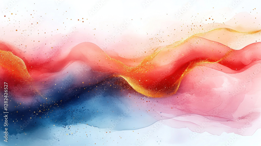Fototapeta premium Spring abstract of layered pastel shapes and watercolor strokes accented with golden floral outlines