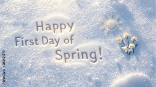 Happy First Day of Spring 2025 image with the first blooming flowers on the snow, symbolizing the arrival of spring photo