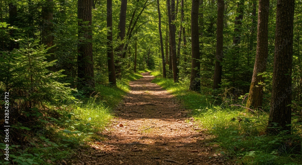 Fototapeta premium Lush green forest path illuminated by dappled sunlight.