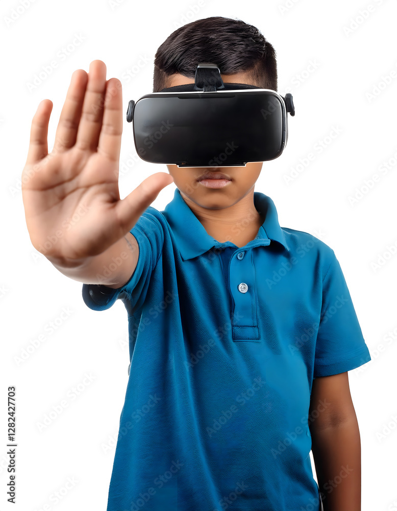 Boy with Virtual Reality goggles doing stop gesture. Young boy wearing vr glasses interacting with metaverse at home Boy with Virtual Reality goggles doing stop gesture. Young boy wearing vr glasses interacting with metaverse at home