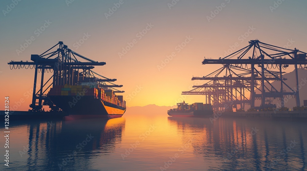 Cargo ships and cranes silhouettes at a port during sunset with reflection