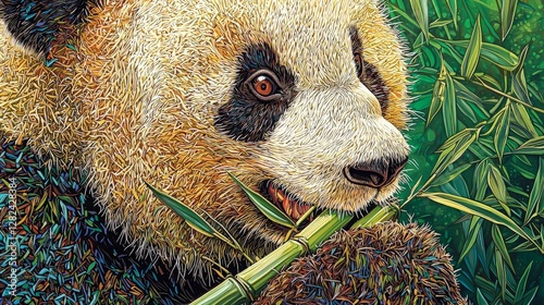 Close-up of panda eating bamboo in lush forest. Potential use Nature wallpaper photo