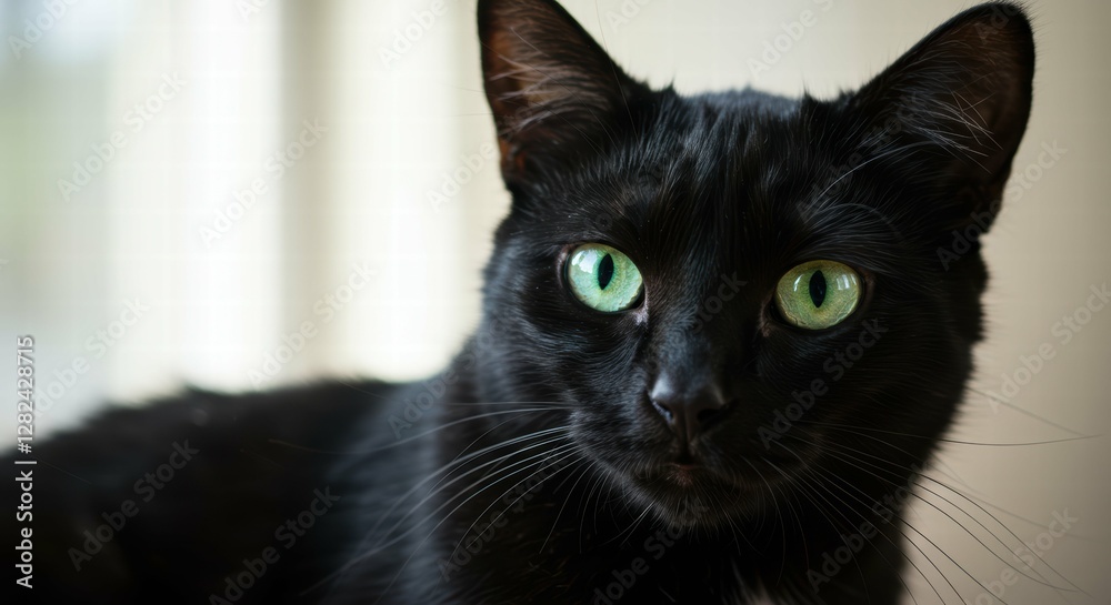 Closeup of curious black cat with striking green eyes. Closeup of curious black cat with striking green eyes.