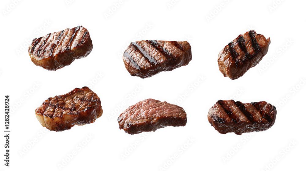 six pieces of grilled steak arranged against a white background. showcasing their appetizing appearance with visible grill marks this presentation highlights the texture and cooking style. making it s six pieces of grilled steak arranged against a white background. showcasing their appetizing appearance with visible grill marks this presentation highlights the texture and cooking style. making it s