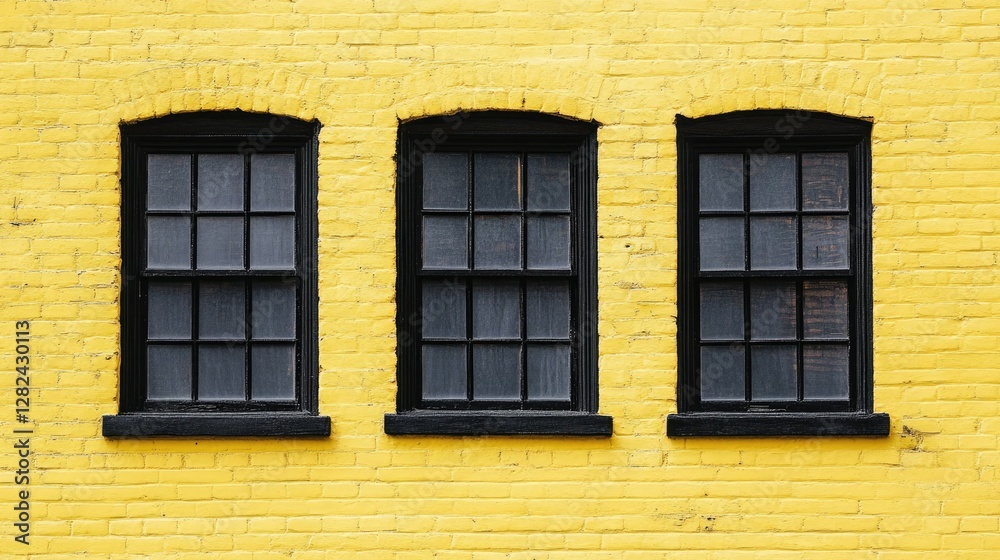 A minimalist yet eye-catching composition of three black-framed windows on a textured yellow brick background.