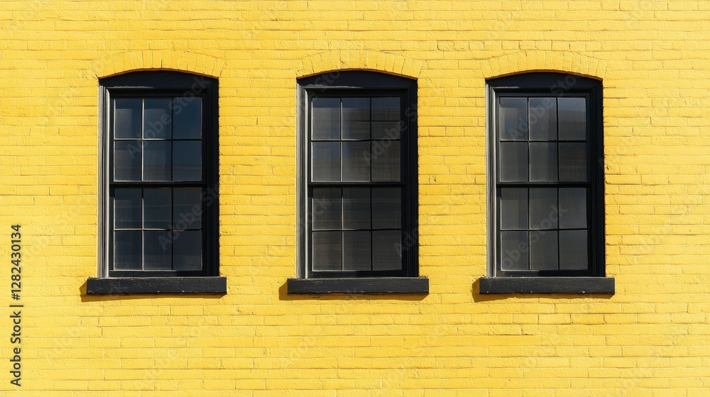 A minimalist yet eye-catching composition of three black-framed windows on a textured yellow brick background. A minimalist yet eye-catching composition of three black-framed windows on a textured yellow brick background.