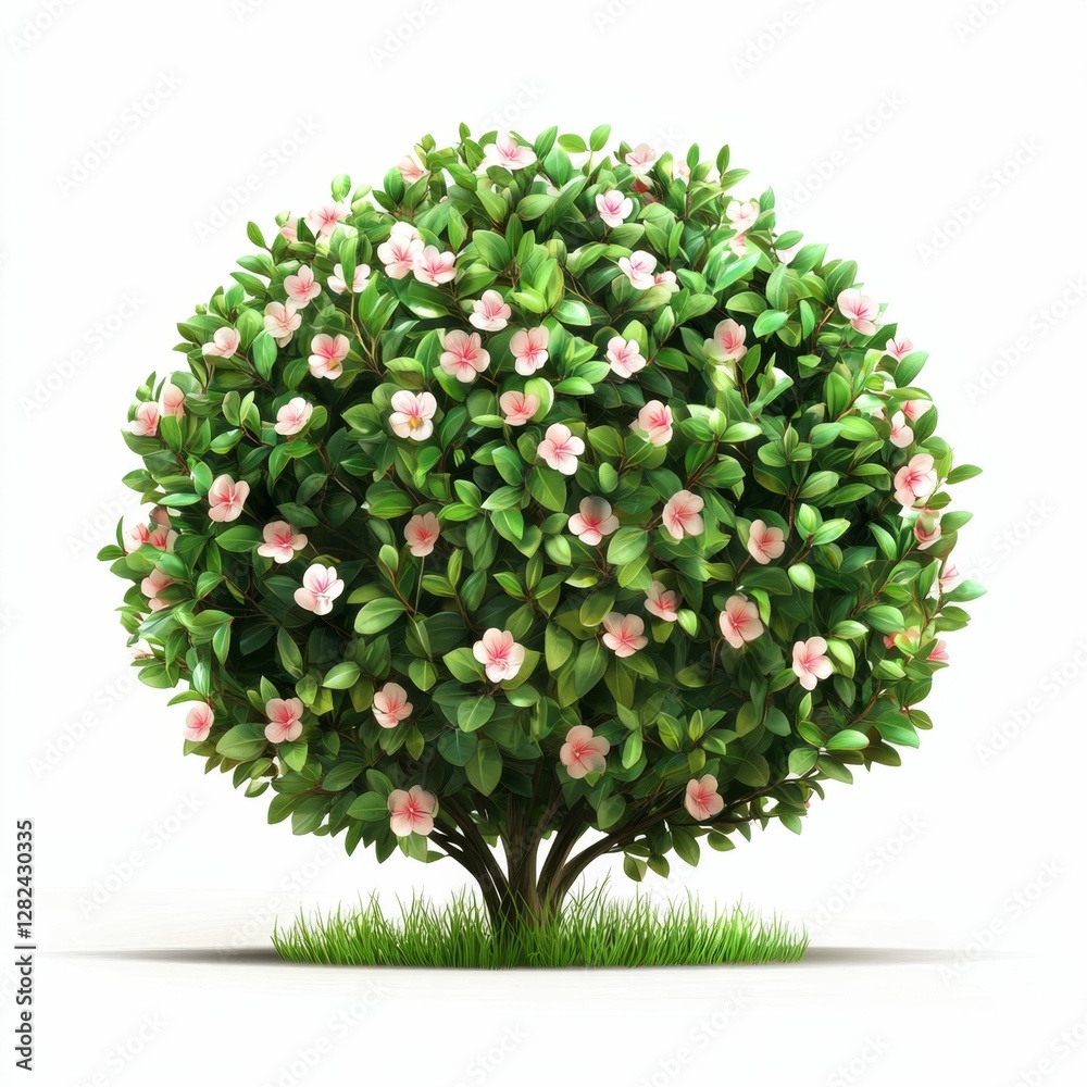 Fototapeta premium Beautiful bush with delicate pink flowers surrounded by lush green leaves on a white background for nature and garden themes