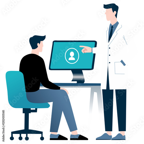 A doctor discusses information with a patient using a computer screen.