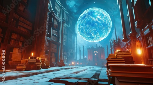A mysterious library where books float mid-air and a glowing orb illuminates the ancient texts.