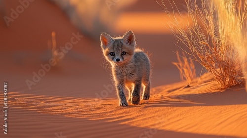 Desert Fox Cub Exploring Sandy Dunes at Sunrise photo