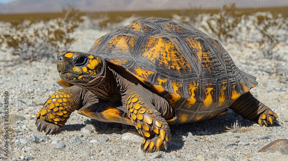 Obraz premium Desert Tortoise Walking in Dry Landscape; Nature Photography