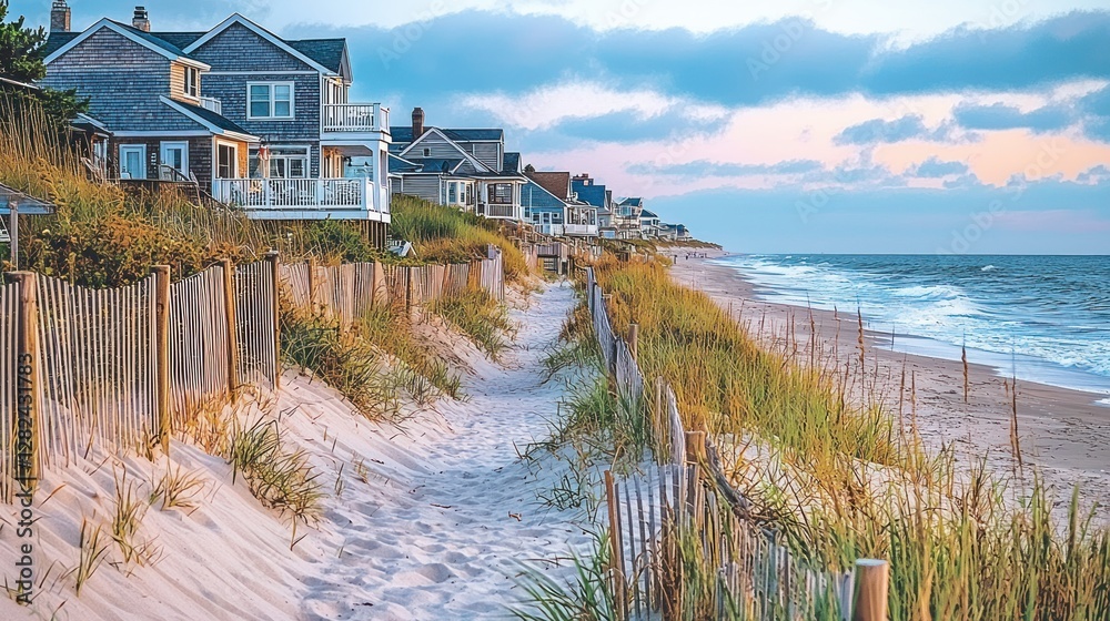 Beach houses sit among dunes; path leads down to sea. Travel, vacation spot Beach houses sit among dunes; path leads down to sea. Travel, vacation spot