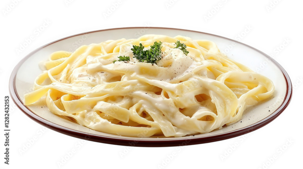 plate of fettuccine pasta coated in a creamy sauce. garnished with a sprinkle of herbs the dish is presented on a simple white plate with a brown rim. emphasizing its appetizing appearance the focus i plate of fettuccine pasta coated in a creamy sauce. garnished with a sprinkle of herbs the dish is presented on a simple white plate with a brown rim. emphasizing its appetizing appearance the focus i