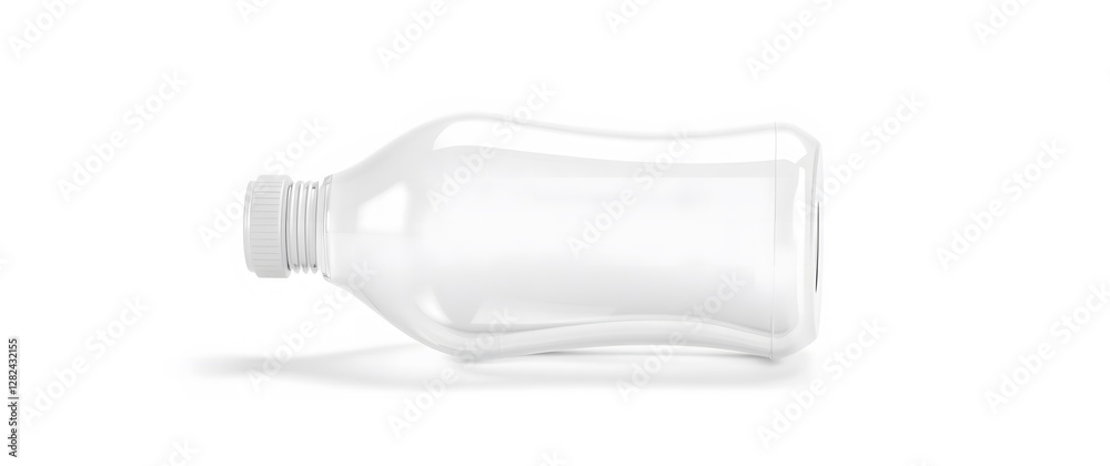 A 3D rendered image of a translucent plastic bottle, showing its smooth curves and subtle reflections, set against a neutral white background, with soft shadows and highligh. A 3D rendered image of a translucent plastic bottle, showing its smooth curves and subtle reflections, set against a neutral white background, with soft shadows and highligh.