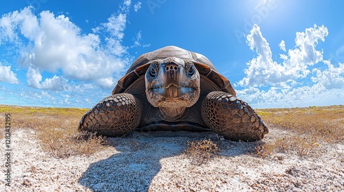 Giant tortoise in open field under bright sun. Possible use for nature, wildlife, or travel stock photo