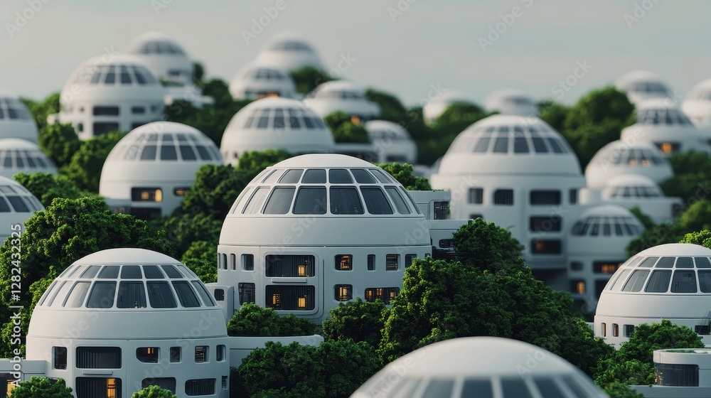Obraz premium A futuristic landscape filled with dome-shaped buildings nestled among lush greenery, showcasing a blend of nature and modern architecture.