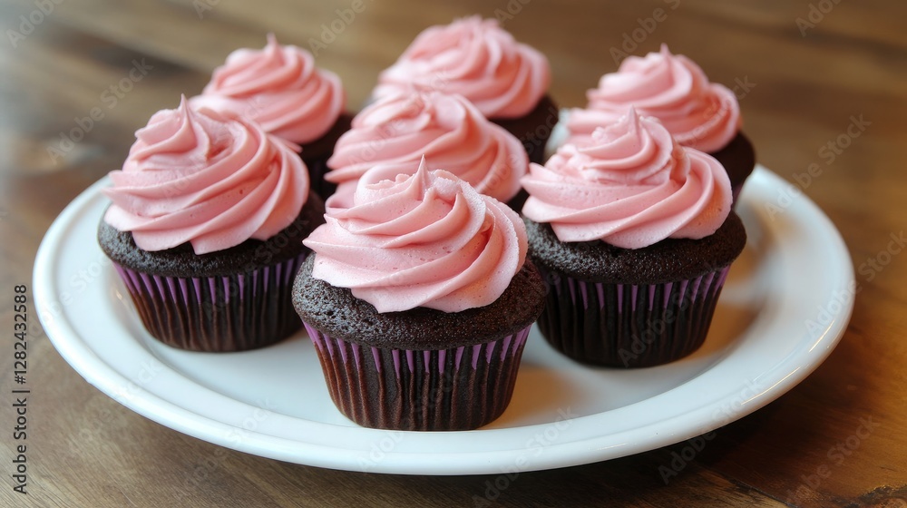 A plate of delicious cupcakes with smooth pink frosting, perfect for birthdays, anniversaries, or sweet celebrations. A plate of delicious cupcakes with smooth pink frosting, perfect for birthdays, anniversaries, or sweet celebrations.