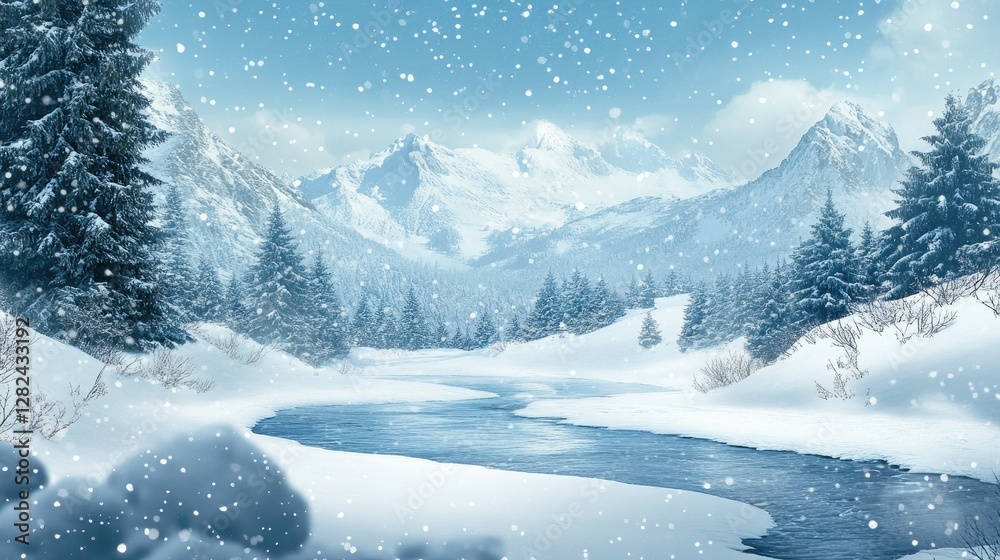 Obraz premium A pristine snowy valley with a serene winter landscape, perfect for product presentations, featuring soft snow and a cold, white background.