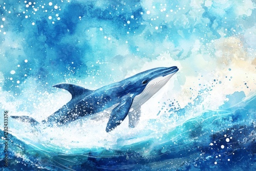 Majestic blue whale breaching through vibrant ocean waves during a sunny day
