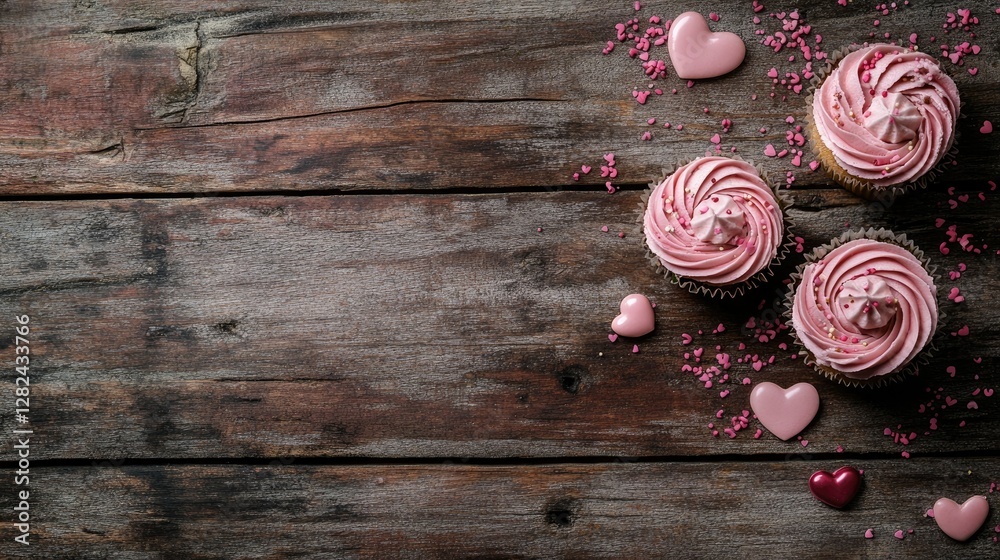 A romantic cupcake arrangement with soft pink icing, sprinkles, and edible hearts on a rustic wooden table. A romantic cupcake arrangement with soft pink icing, sprinkles, and edible hearts on a rustic wooden table.