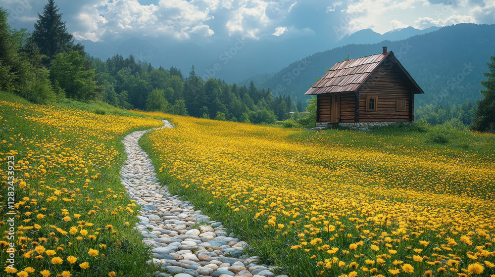 Spring landscape of a meadow with a winding stone path leading to a small wooden cabin Spring landscape of a meadow with a winding stone path leading to a small wooden cabin