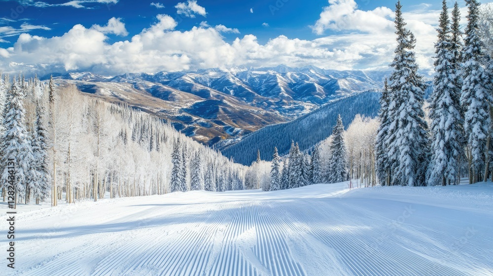 Obraz premium A scenic view of untouched ski trails in a breathtaking snow-covered mountain valley, perfect for winter travel themes.