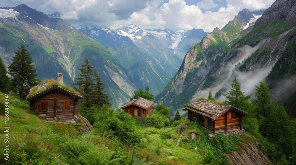 the view of the house is decorated with mountains and grass the view of the house is decorated with mountains and grass