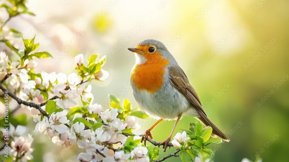 Robin perched on flowering tree branch, spring blossoms, natural light, wildlife photography Robin perched on flowering tree branch, spring blossoms, natural light, wildlife photography