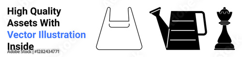 Black and white line bag, watering can, and chess bishop icons. Ideal for sustainability, gardening tools, strategy, retail, minimal art, education themes and flat landing page banner