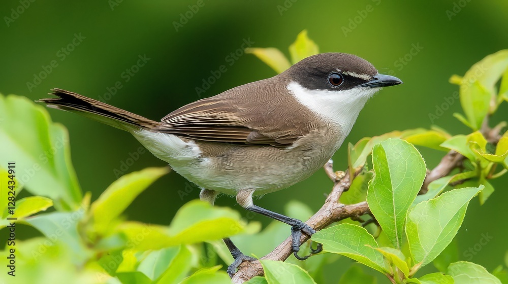 Obraz premium Small bird perched on branch, vibrant green foliage background, wildlife nature image