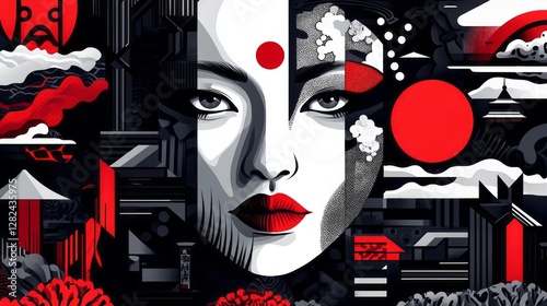 Japanese woman portrait composed of traditional elements in red black
